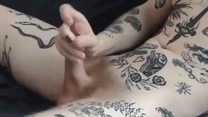 kinky bazookas Trans Lady With Full Tattoos Strokes Her worthy 10-Pounder On web camera